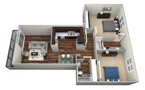 Floor plan for 2 beds, 1 bath, 870 sqft